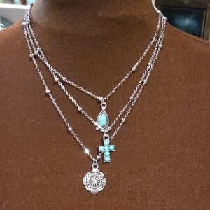 Fashion Jewelry Silver-Tone Layered Necklace with Turquoise Accents